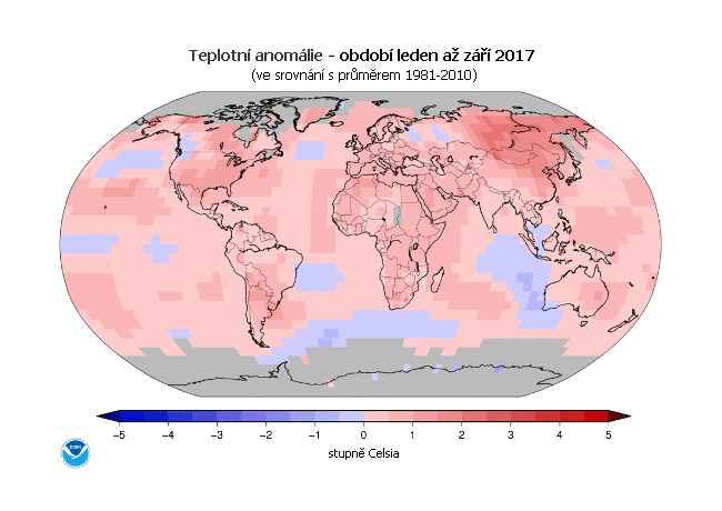 Teplotní anomálie - leden až září 2017 (oproti průměru 1981-2010)