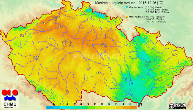 Maximální teploty vzduchu v ČR, 26.12.2015 (ČHMÚ)