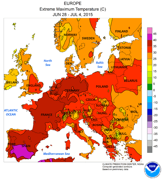 Teplotní maxima v Evropě v týdnu od 28.6. do 4.7.2015 (NOAA)