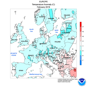 Teplotní anomálie v Evropě, únor 2018 (NOAA)