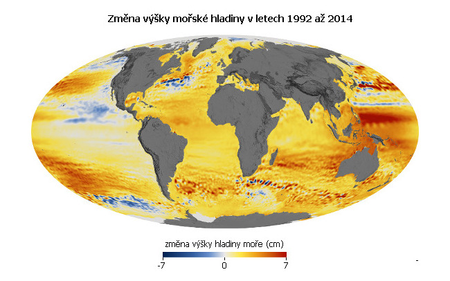Změna výšky mořské hladiny v letech 1992 až 2014